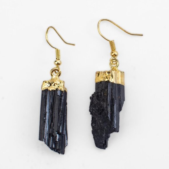 Raw Black Tourmaline Protection Earrings with Gold Trim – Grounding, Positivity - Picture 2 of 7